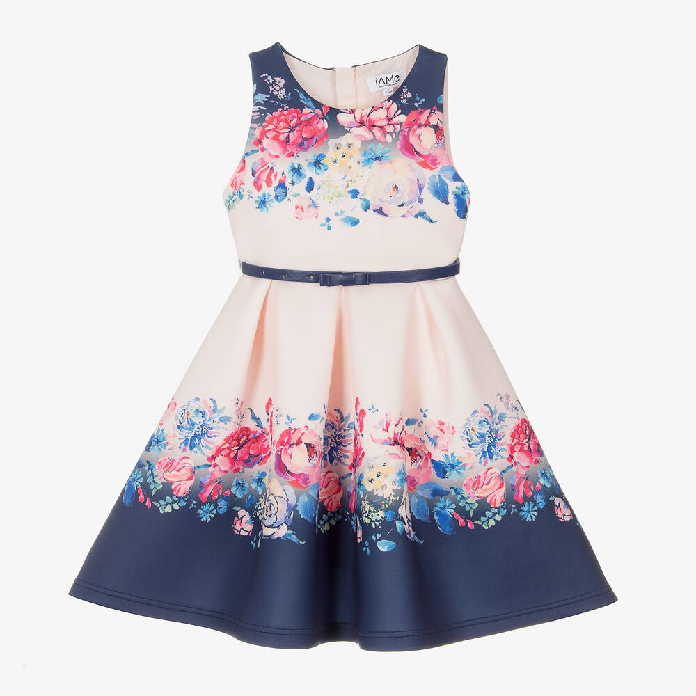 iAMe-Girls Pink & Blue Floral Belted Dress | Childrensalon Outlet