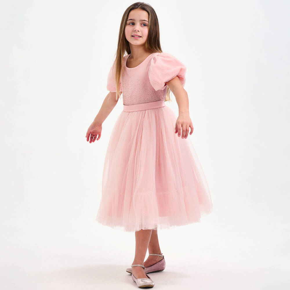 iAMe-Girls Pink Satin & Tulle Diamanté Dress | Childrensalon Outlet