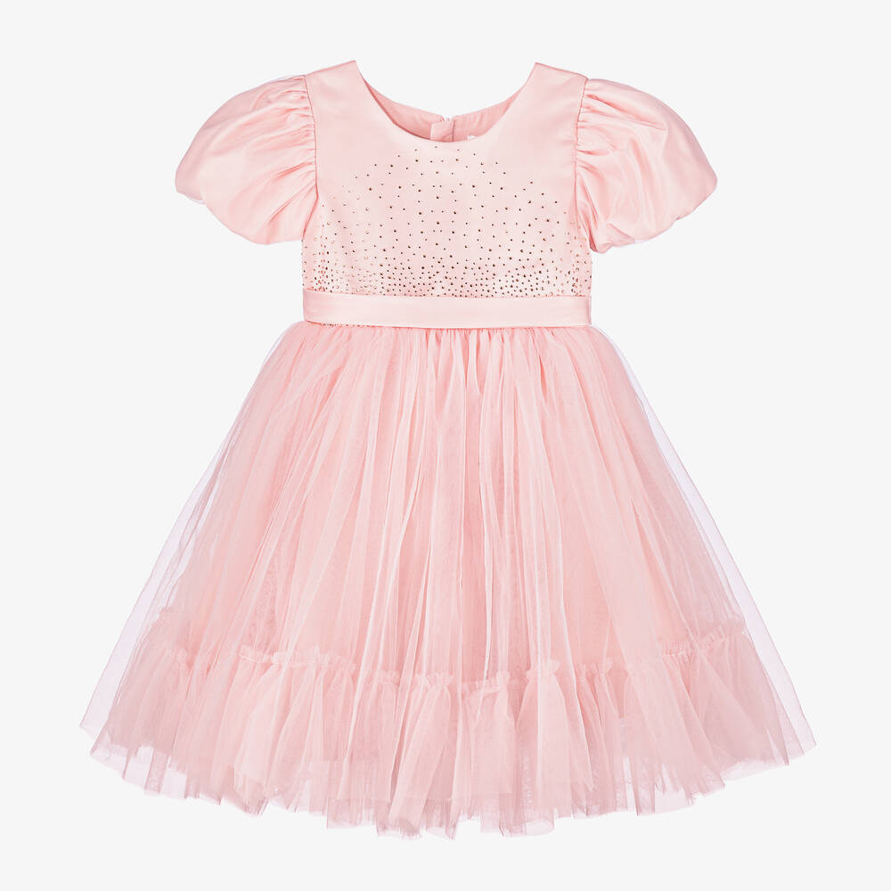 iAMe-Girls Pink Satin & Tulle Diamanté Dress | Childrensalon Outlet