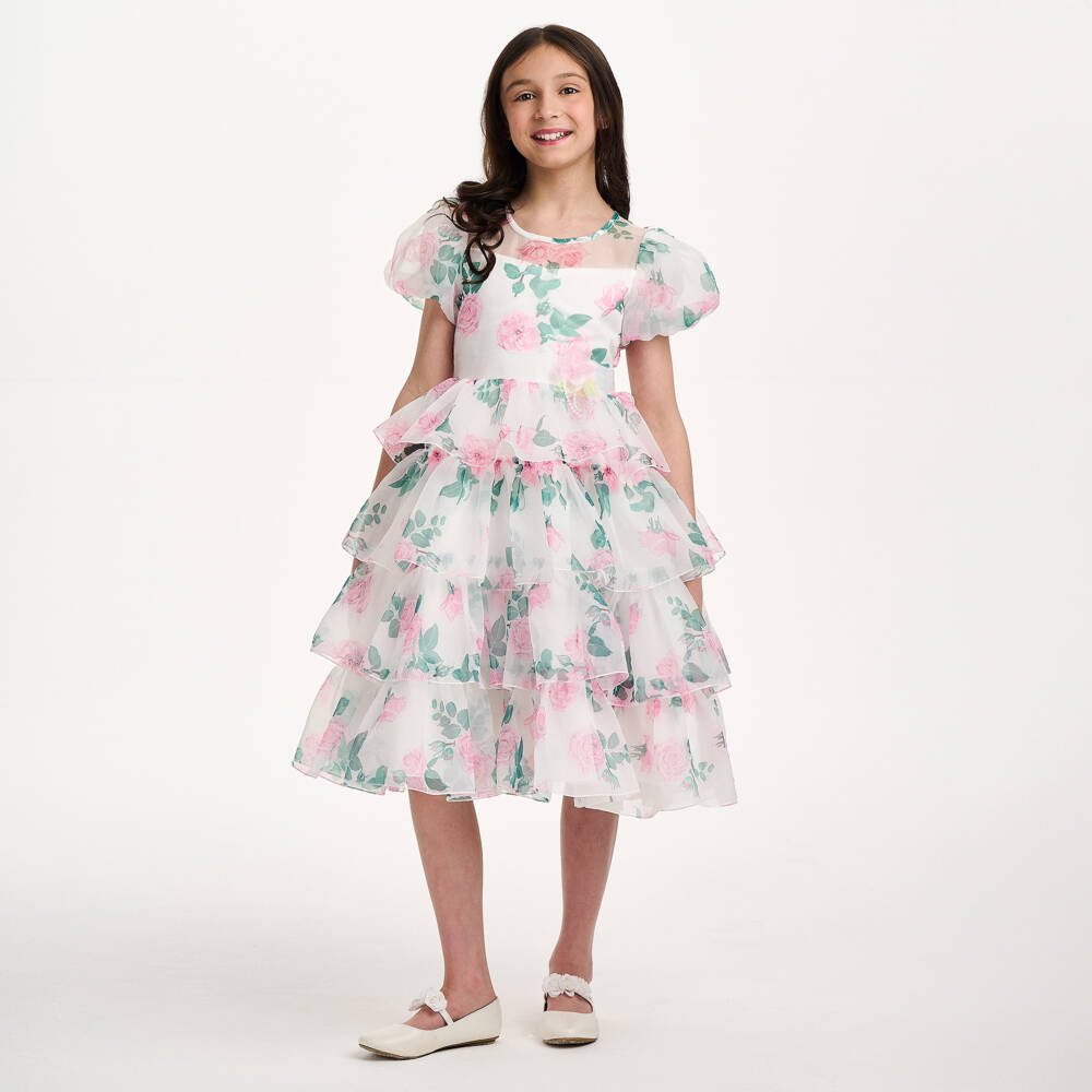 iAMe-Girls Pink & White Floral Satin Dress | Childrensalon Outlet