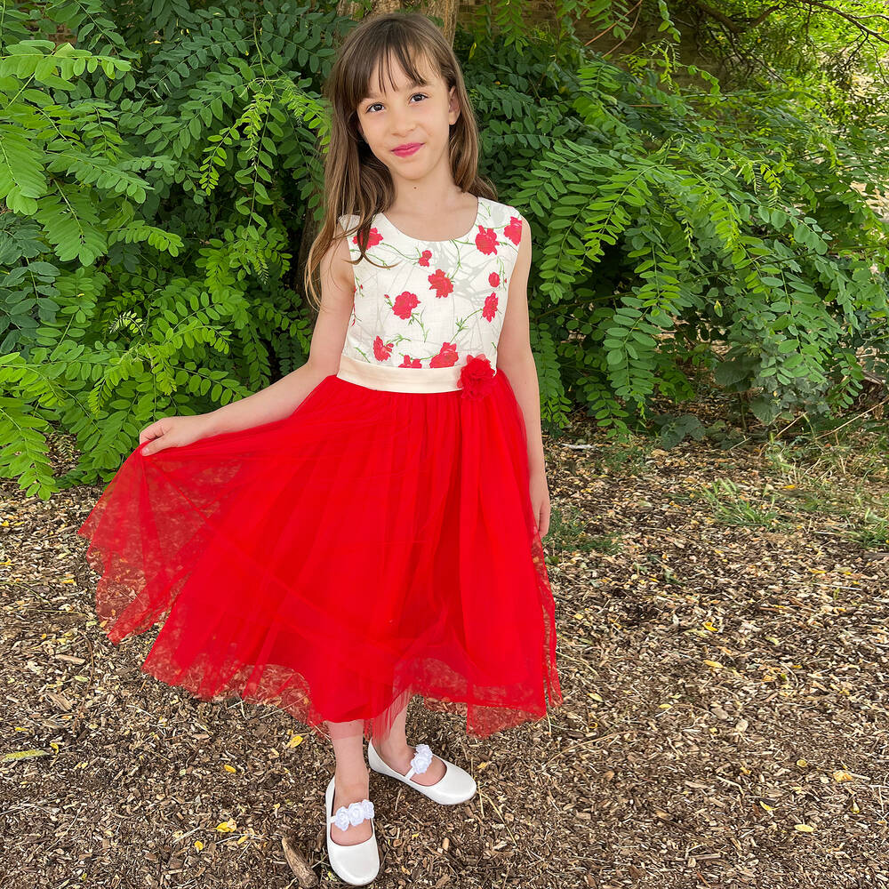 iAMe-Girls Red Satin & Tulle Rose Dress | Childrensalon Outlet