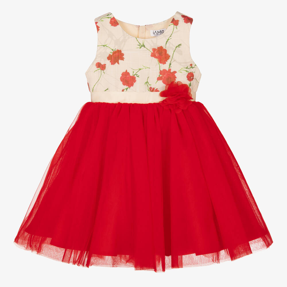 iAMe - Girls Red Satin & Tulle Rose Dress | Childrensalon