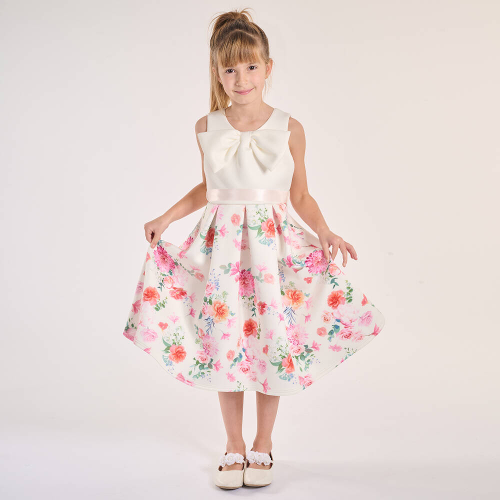 آي آم إي-فستان عاجي حريري مزهر للبنات | Childrensalon Outlet