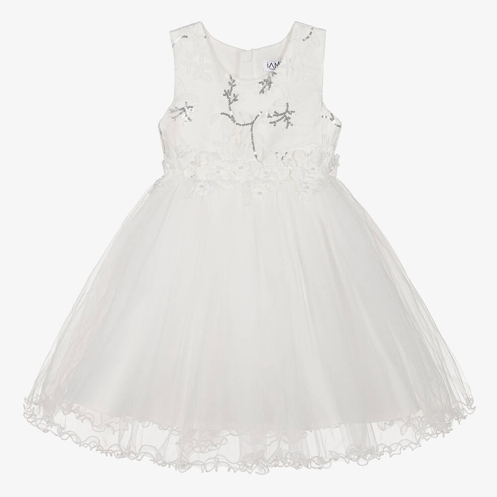 iAMe - Girls White Floral Satin & Tulle Dress | Childrensalon