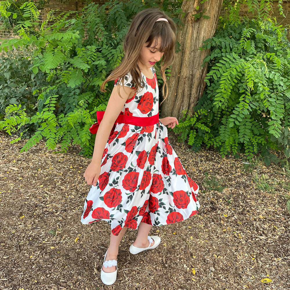 iAMe-فستان ساتان لون أبيض وأحمر بطبعة ورود | Childrensalon Outlet