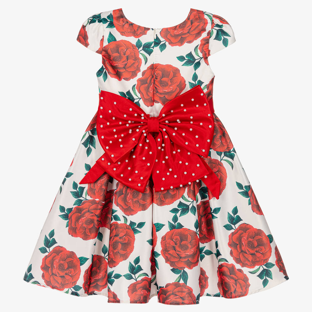 iAMe-فستان ساتان لون أبيض وأحمر بطبعة ورود | Childrensalon Outlet