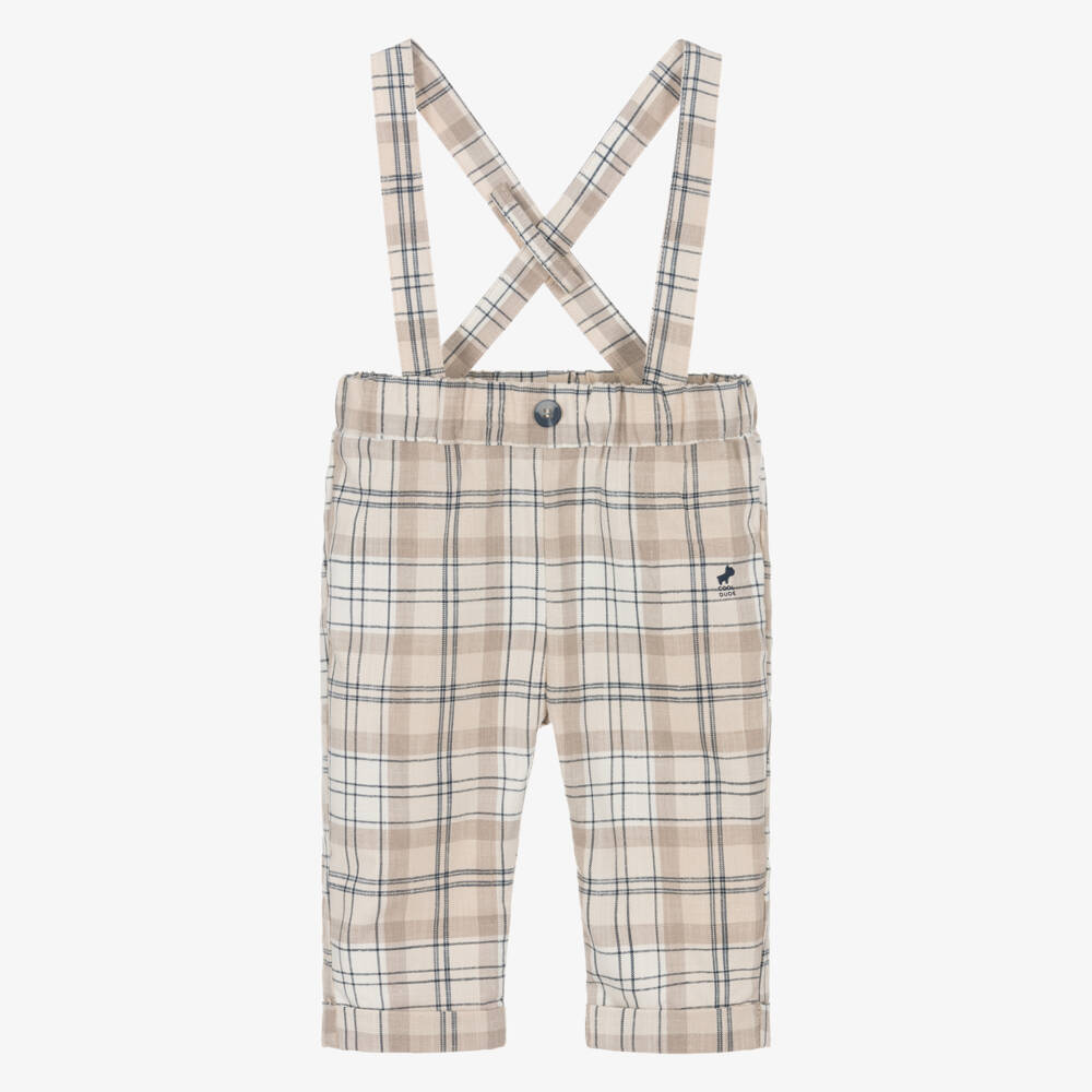 iDO Mini-Baby Boys Beige Check Trousers with Shoulder Straps | Childrensalon Outlet