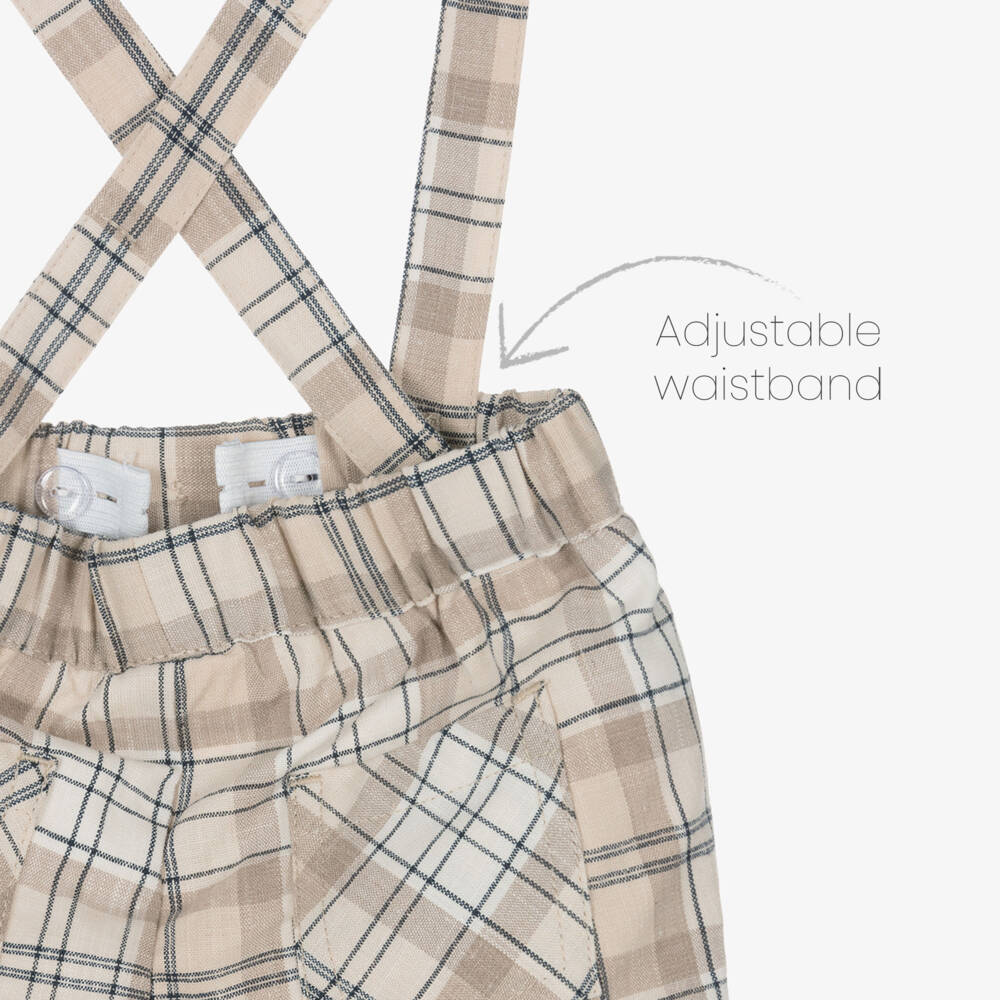 iDO Mini-Baby Boys Beige Check Trousers with Shoulder Straps | Childrensalon Outlet