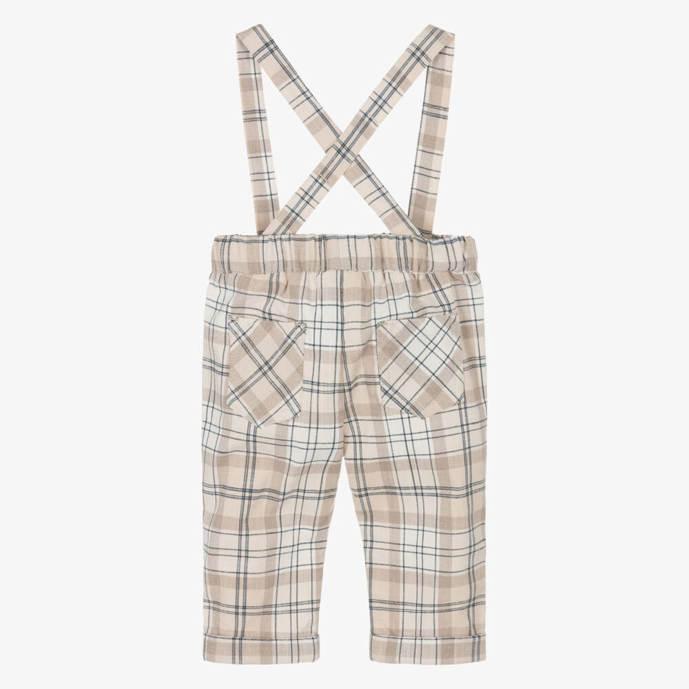 iDO Mini-Baby Boys Beige Check Trousers with Shoulder Straps | Childrensalon Outlet