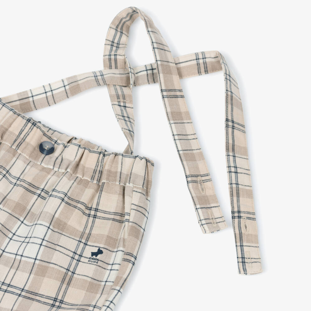 iDO Mini-Baby Boys Beige Check Trousers with Shoulder Straps | Childrensalon Outlet