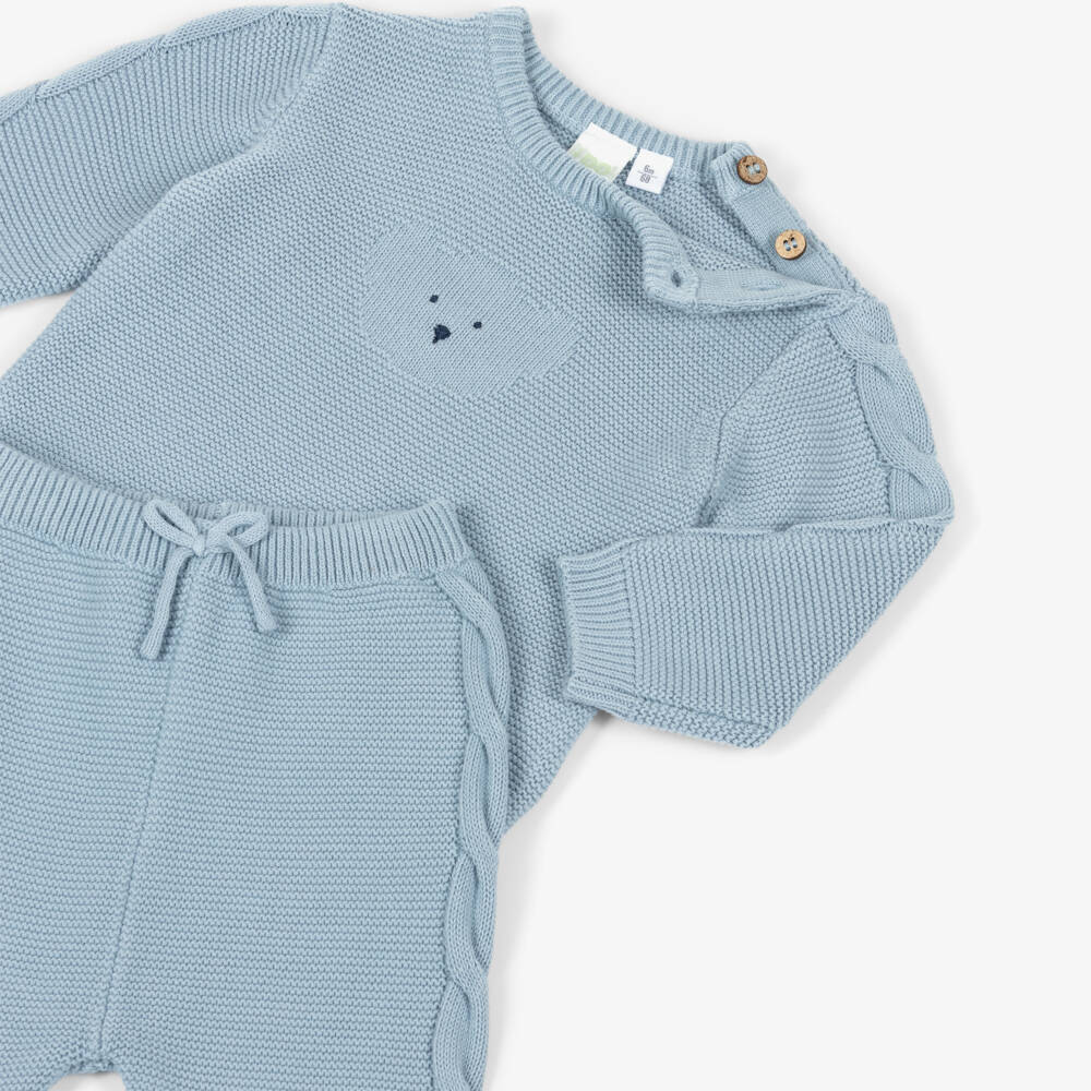 iDO Мини-Baby Boys Blue Knitted Trouser Set with Bear Motif | Childrensalon Outlet