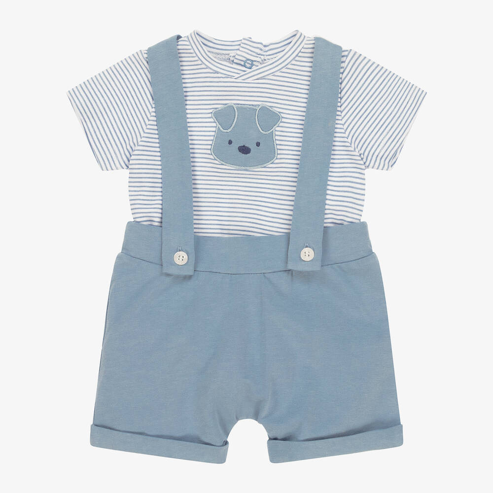iDO Mini-Baby Boys Blue Striped Cotton Shorts Set | Childrensalon Outlet