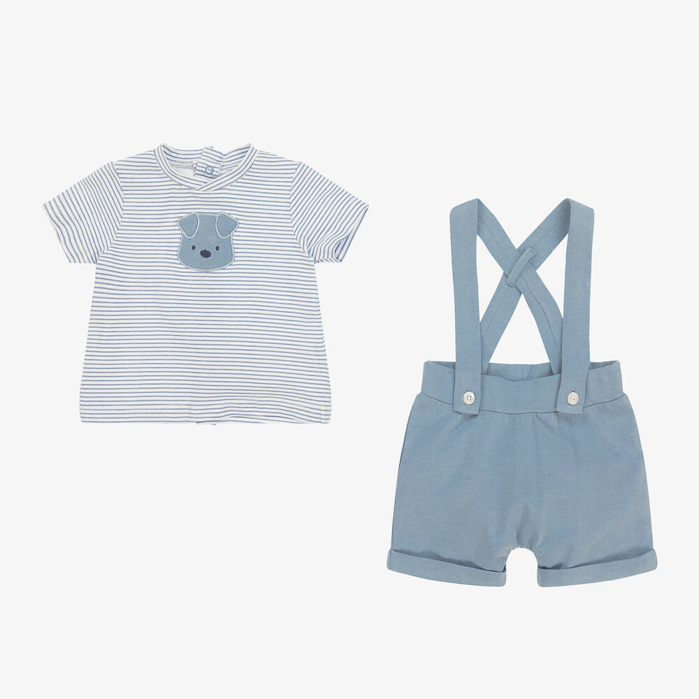 iDO Mini-Baby Boys Blue Striped Cotton Shorts Set | Childrensalon Outlet