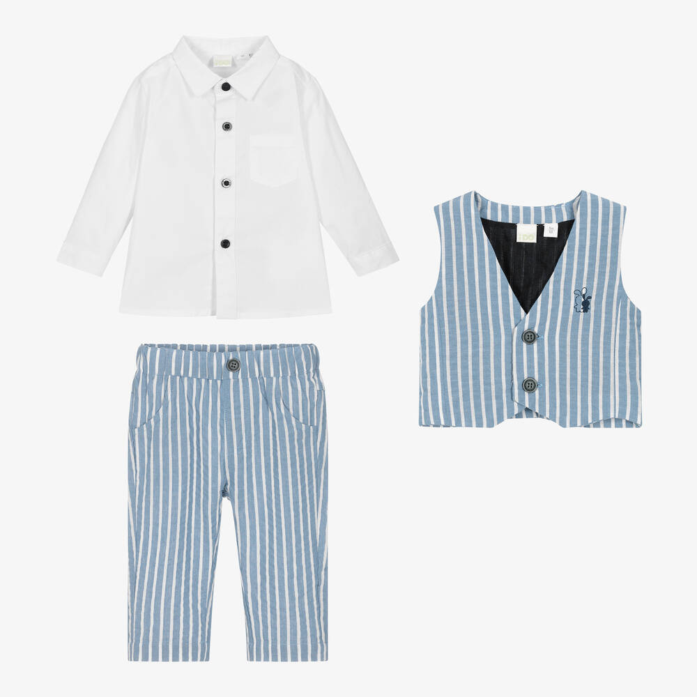 iDO Mini-طقم بنطلون قطن مقلم لون أزرق وأبيض للمواليد | Childrensalon Outlet