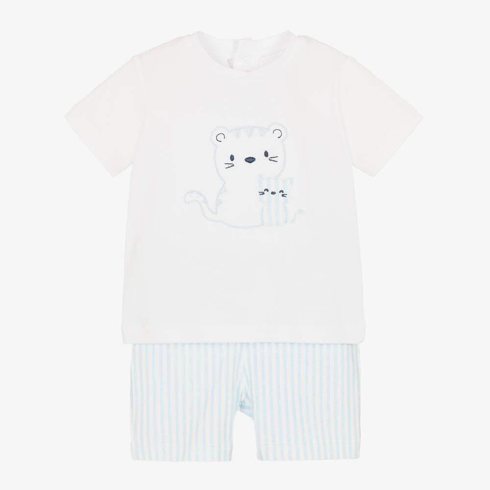 iDO Mini - Baby Boys Blue & White Cotton Shorts Set | Childrensalon