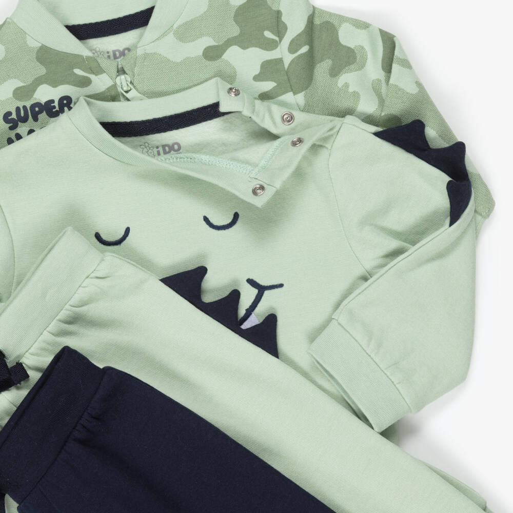 iDO-Baby Boys Green & Blue Cotton Dinosaur Tracksuits (2 Pack) | Childrensalon Outlet