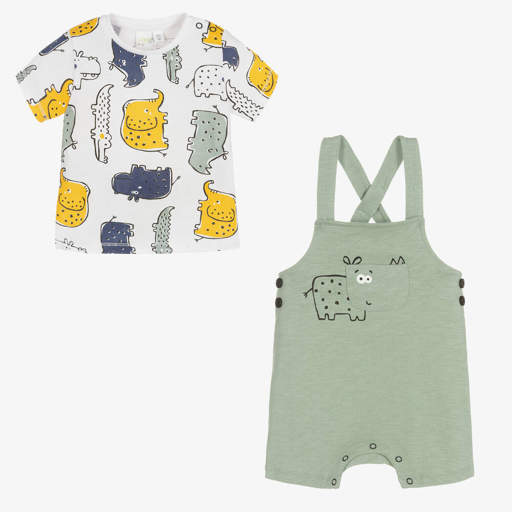 iDO Mini Baby Boys Green Cotton Dungarees Set Childrensalon Outlet