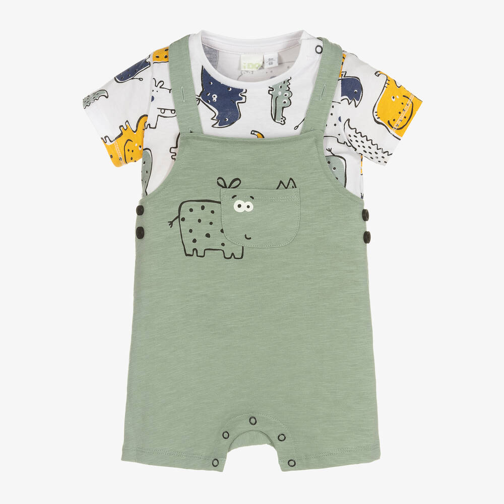 iDO Mini - Baby Boys Green Cotton Dungarees Set | Childrensalon