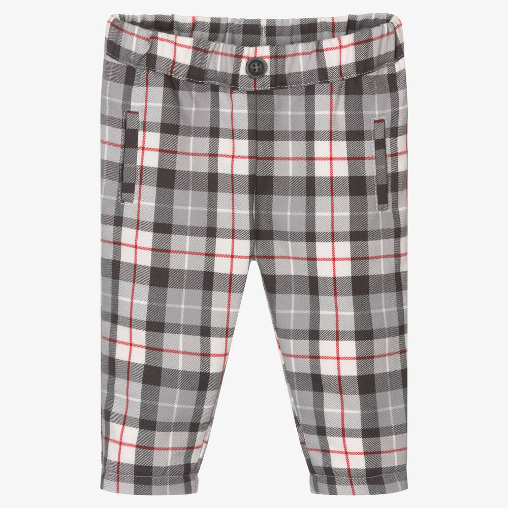 iDO Mini - Baby Boys Grey & Red Check Trousers | Childrensalon