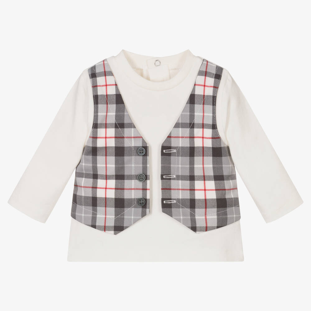 iDO Mini-Baby Boys Ivory & Grey Check Cotton Top | Childrensalon Outlet