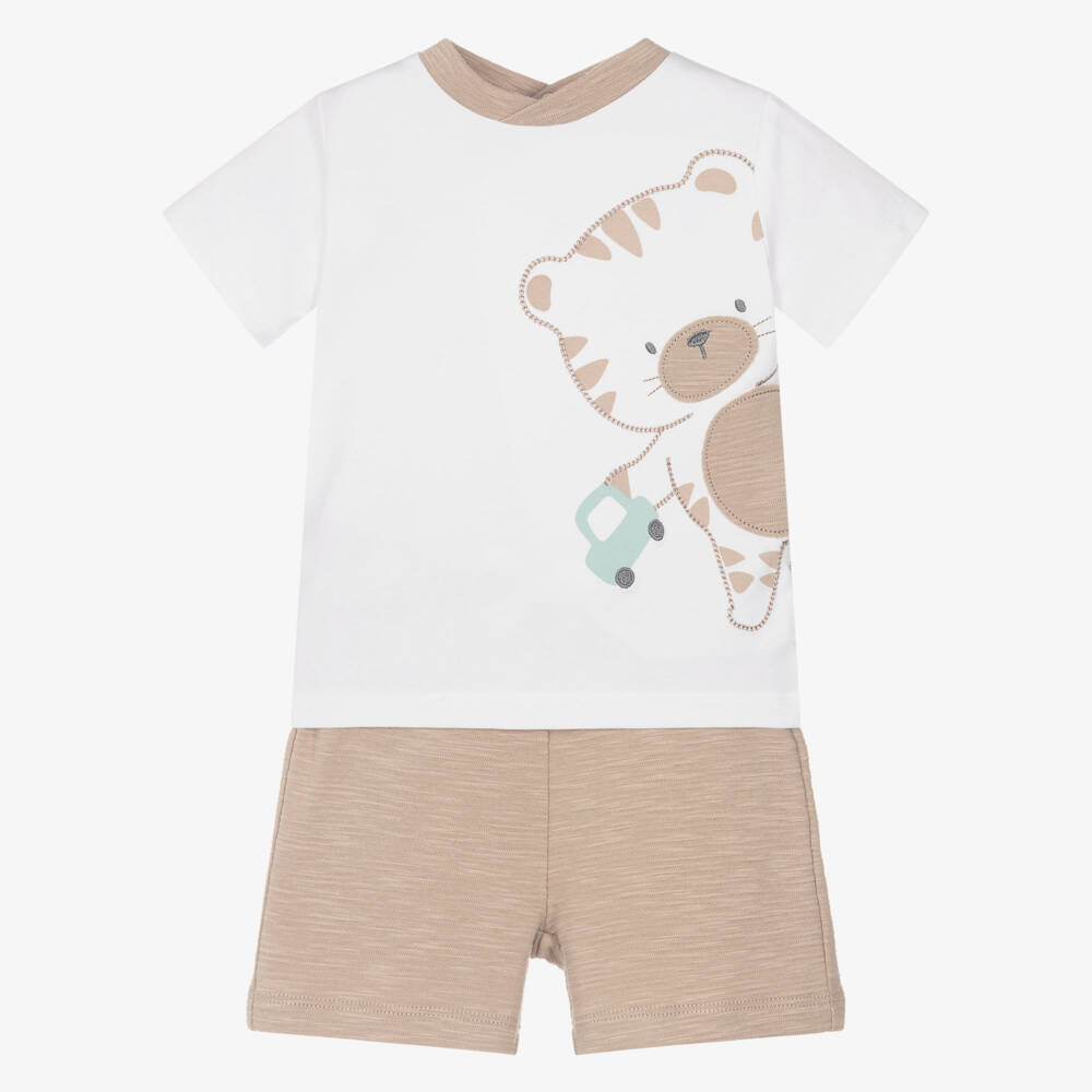iDO-Baby Boys White & Beige Tiger Shorts Set | Childrensalon Outlet