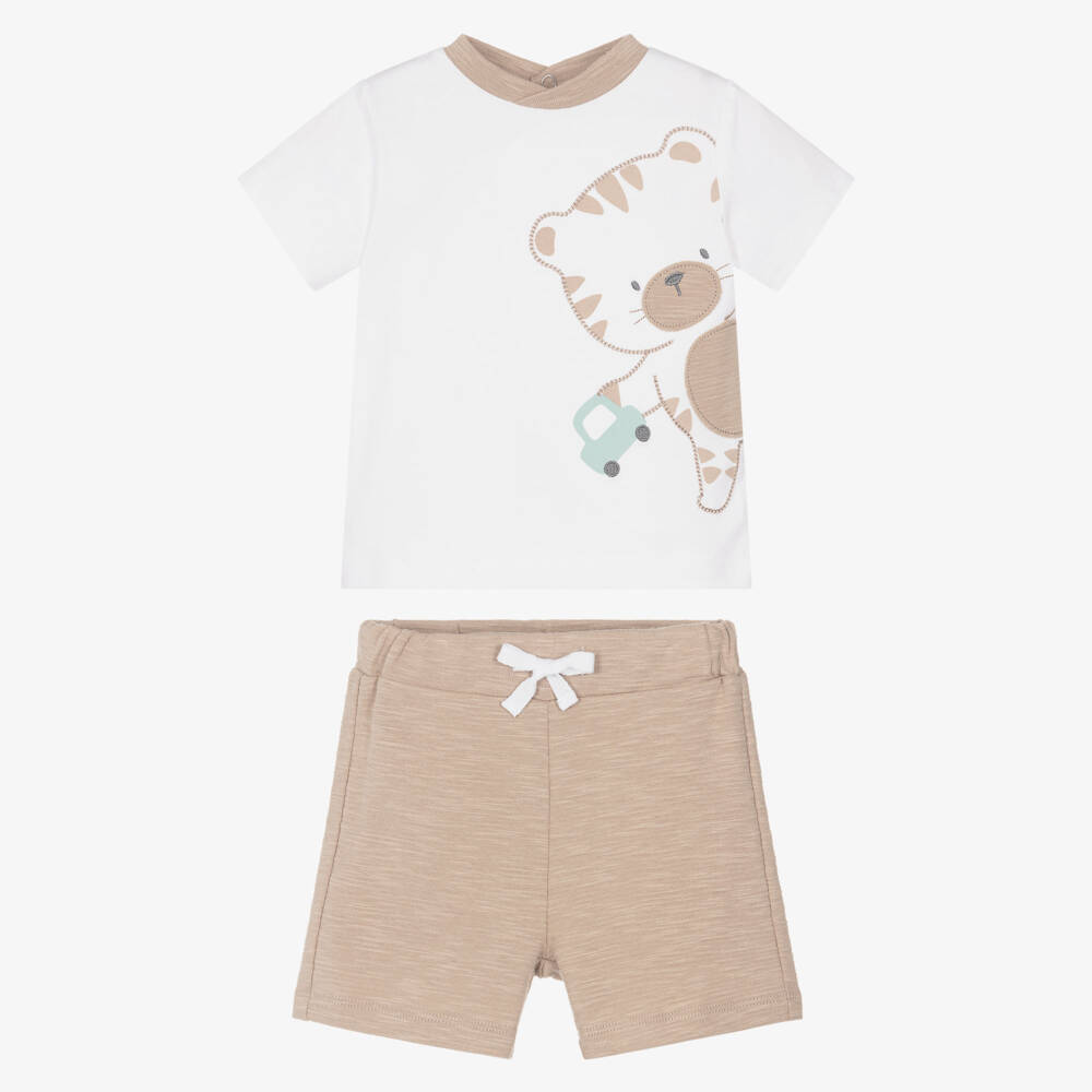 iDO-Baby Boys White & Beige Tiger Shorts Set | Childrensalon Outlet