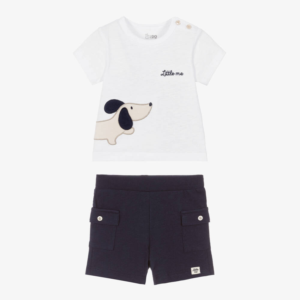 iDO-Baby Boys White & Blue Cotton Shorts Set with Dog Appliqué | Childrensalon Outlet