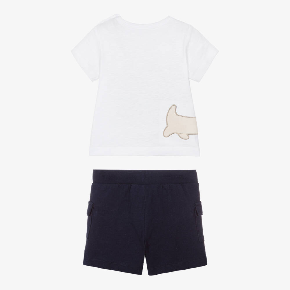 iDO-Baby Boys White & Blue Cotton Shorts Set with Dog Appliqué | Childrensalon Outlet