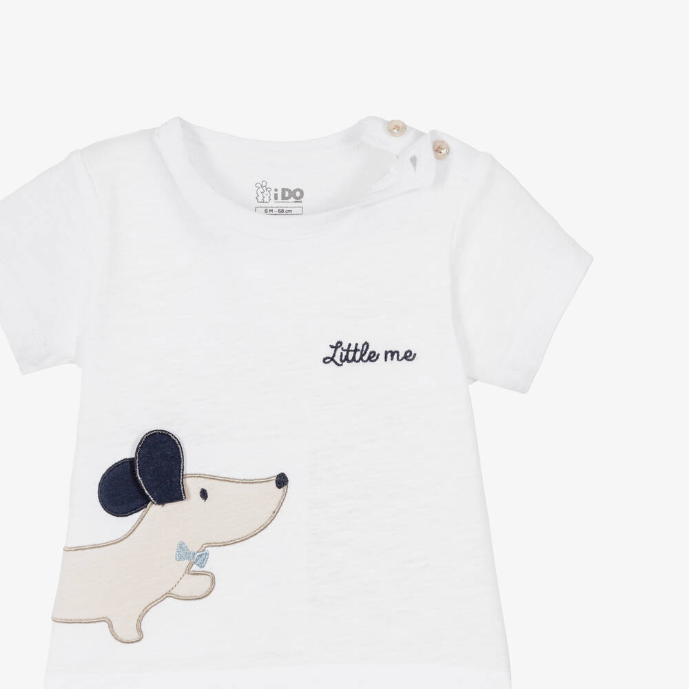 iDO-Baby Boys White & Blue Cotton Shorts Set with Dog Appliqué | Childrensalon Outlet