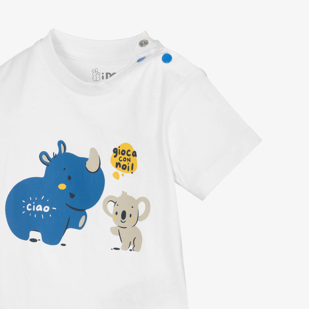 iDO-Baby Boys White Cotton T-Shirt with Animal Motifs | Childrensalon Outlet