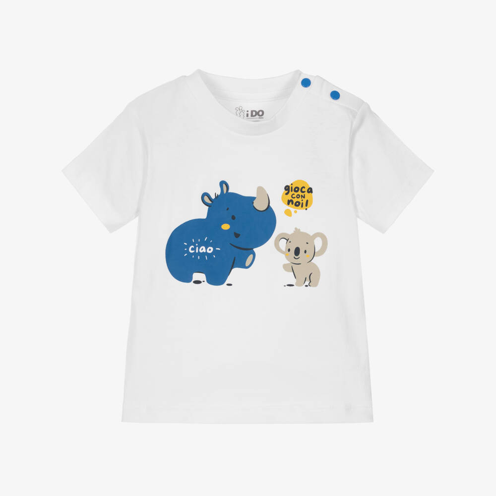 iDO-Baby Boys White Cotton T-Shirt with Animal Motifs | Childrensalon Outlet