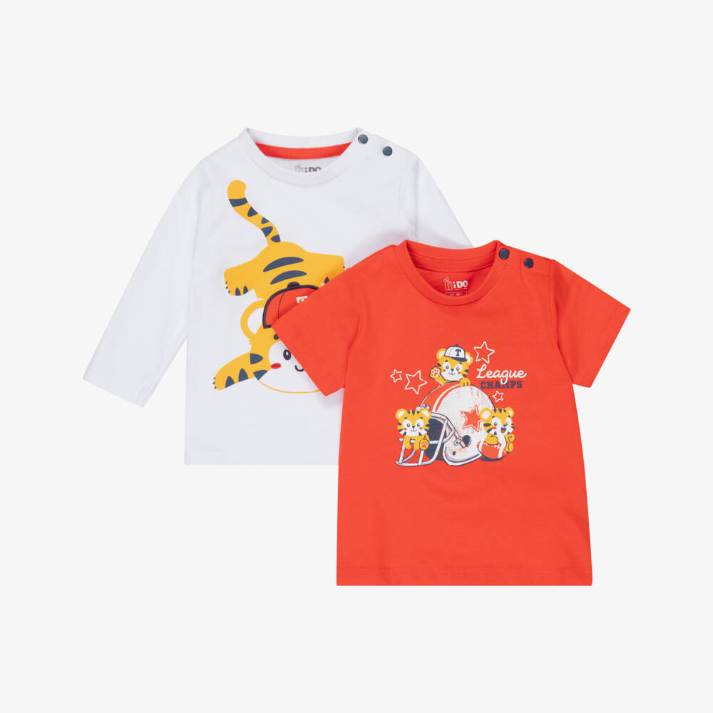 iDO-Baby Boys White & Red Cotton Tiger T-Shirts (2 Pack) | Childrensalon Outlet