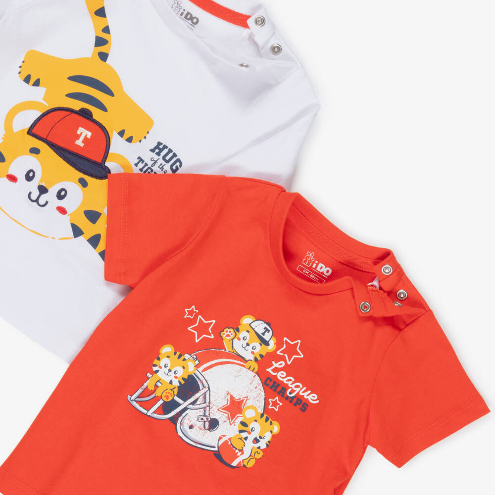 iDO-Baby Boys White & Red Cotton Tiger T-Shirts (2 Pack) | Childrensalon Outlet