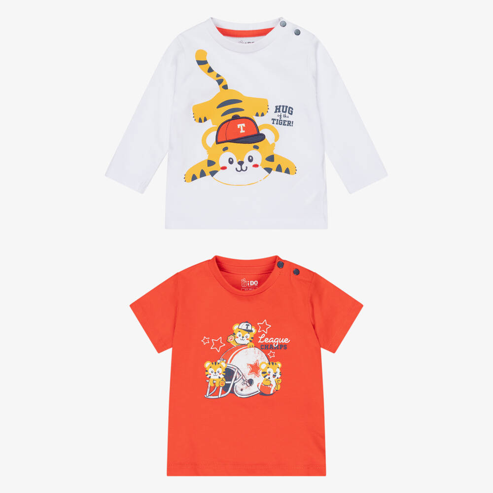 iDO-Baby Boys White & Red Cotton Tiger T-Shirts (2 Pack) | Childrensalon Outlet