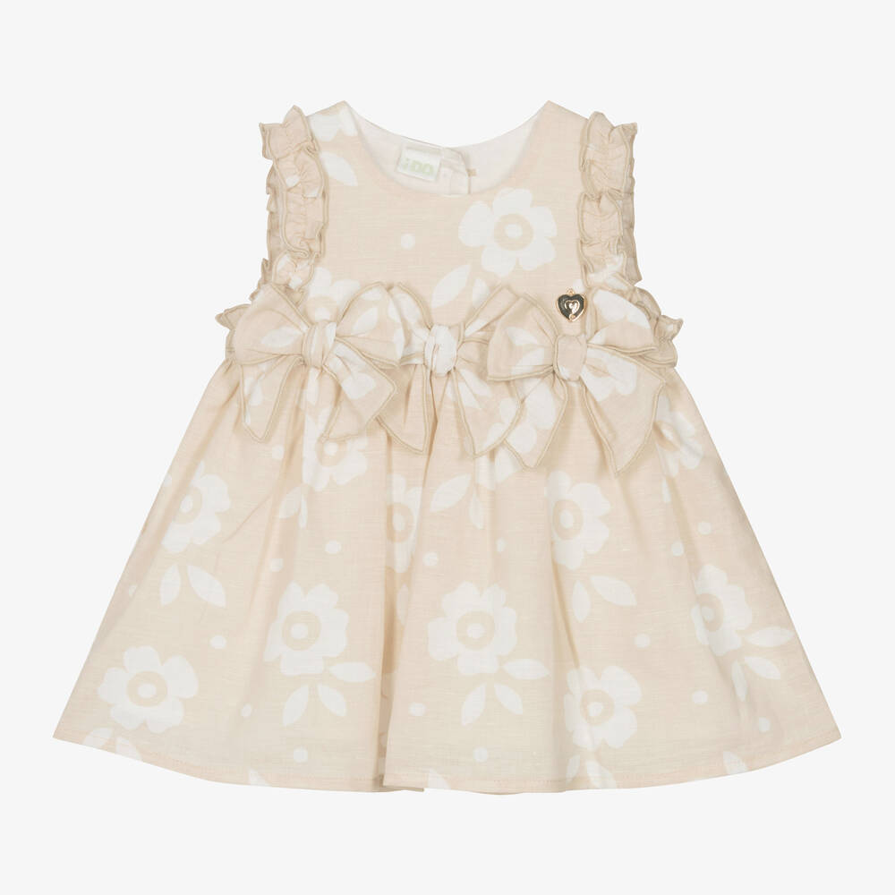iDO Mini-فستان قطن وكتان لون بيج بطبعة ورود للمولودات | Childrensalon Outlet