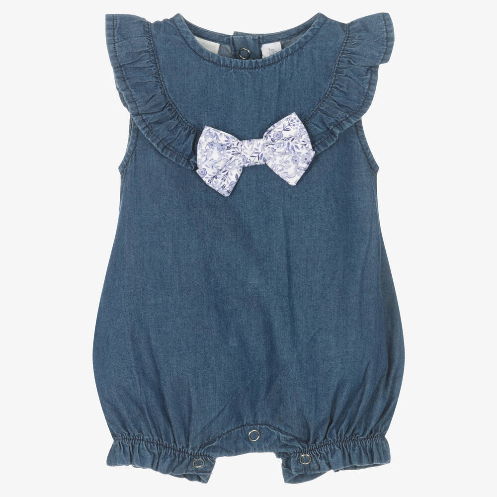 iDO Mini-Baby Girls Blue Cotton Chambray Shortie | Childrensalon Outlet
