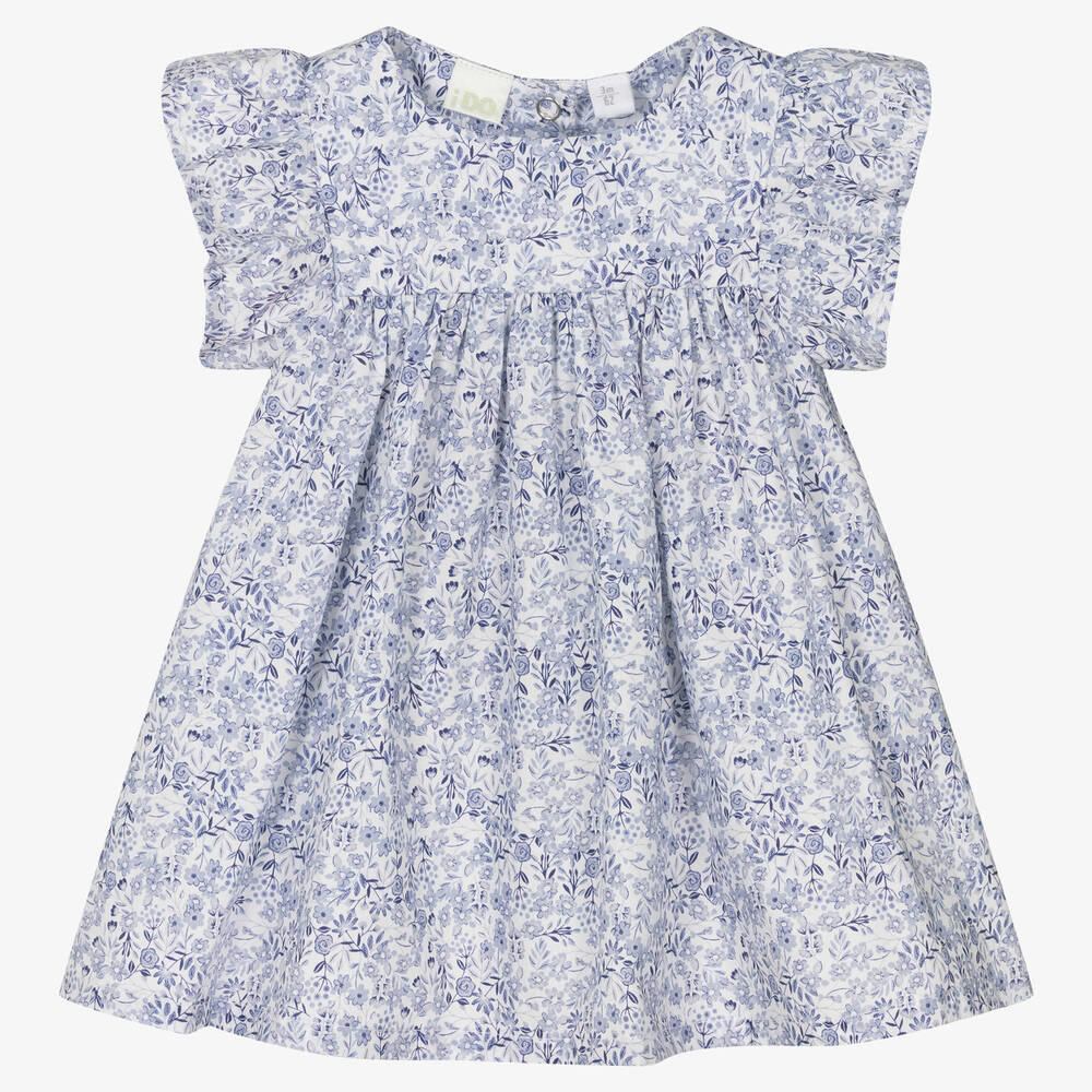 iDO Mini - فستان قطن بوبلين لون أزرق بطبعة ورود للمولودات | Childrensalon