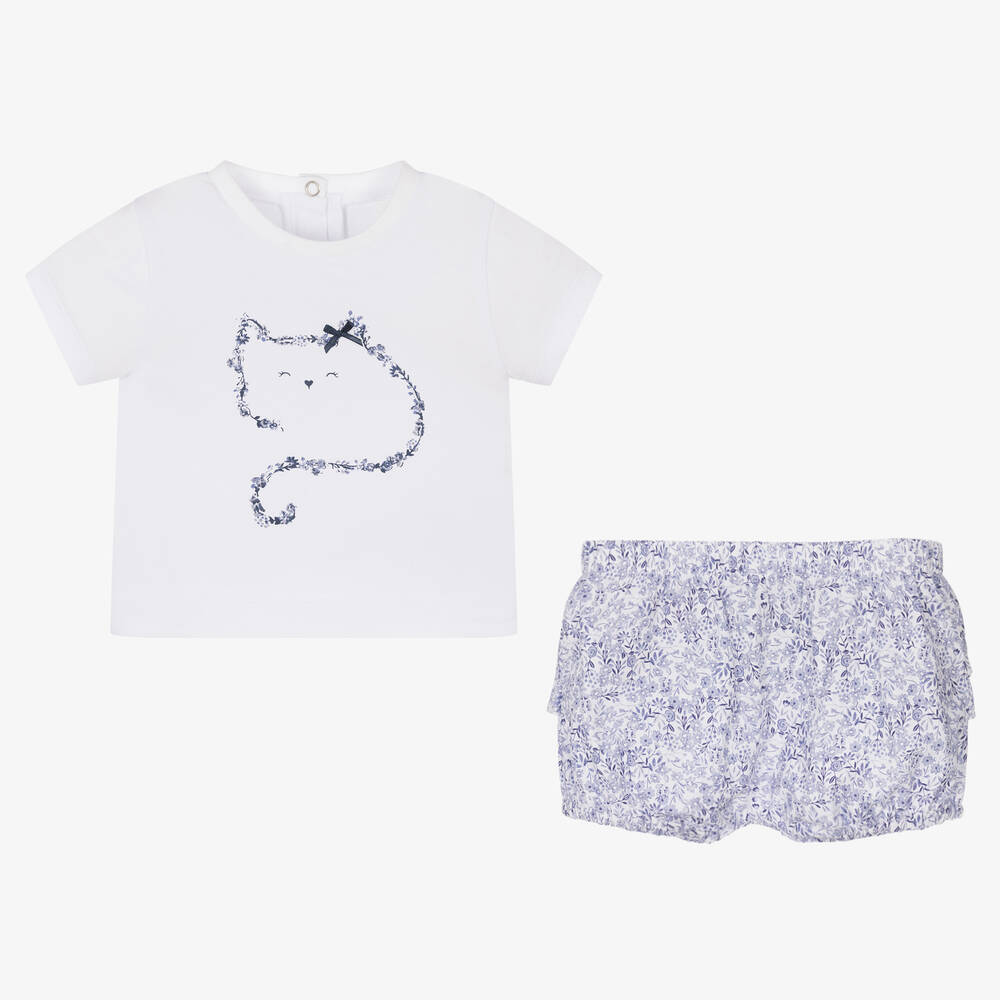 iDO Mini-طقم شورت مزيج قطن لون أبيض وأزرق بطبعة ورود | Childrensalon Outlet