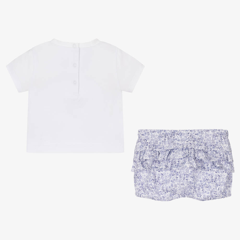 iDO Mini-طقم شورت مزيج قطن لون أبيض وأزرق بطبعة ورود | Childrensalon Outlet