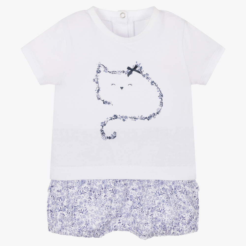 iDO Mini-طقم شورت مزيج قطن لون أبيض وأزرق بطبعة ورود | Childrensalon Outlet