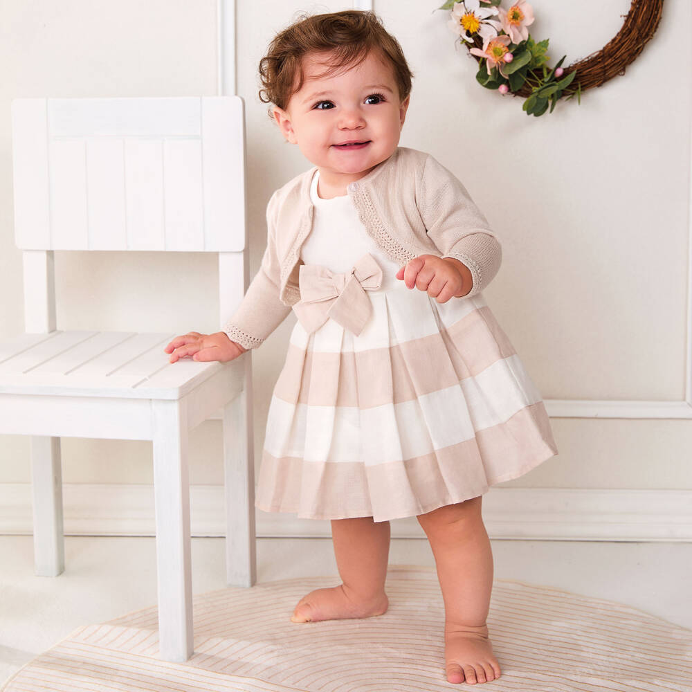 iDO Mini-Baby Girls Ivory & Beige Pleated Dress | Childrensalon Outlet