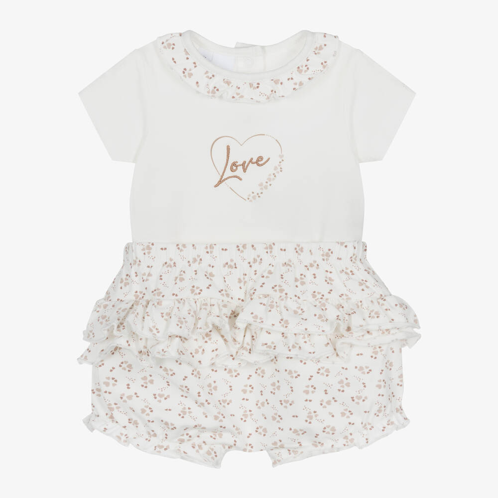 iDO Mini-Baby Girls Ivory Heart Cotton Shorts Set | Childrensalon Outlet