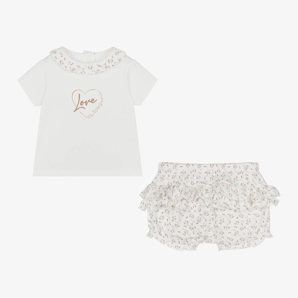 iDO Mini-Baby Girls Ivory Heart Cotton Shorts Set | Childrensalon Outlet