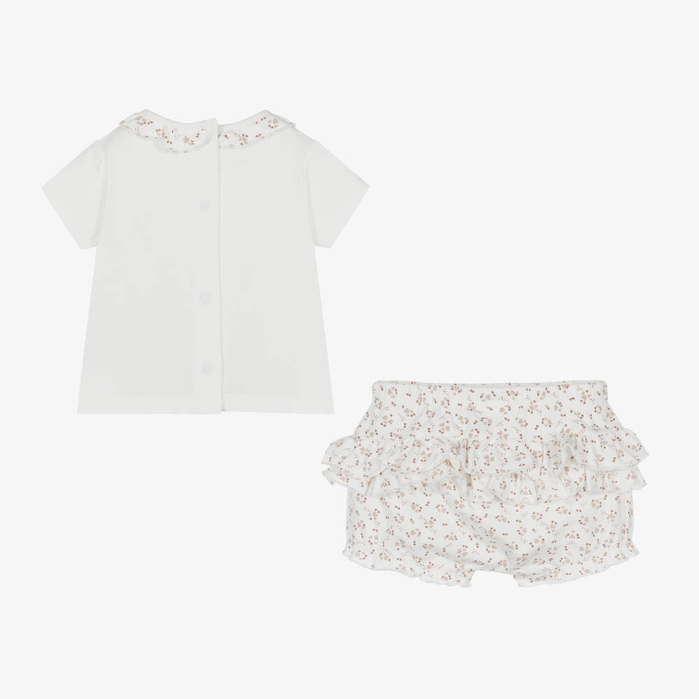 iDO Mini-Baby Girls Ivory Heart Cotton Shorts Set | Childrensalon Outlet