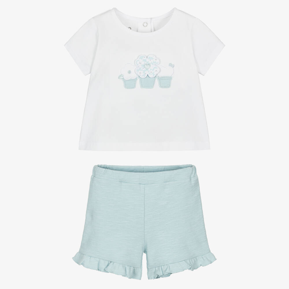 iDO-Baby Girls Pale Blue Floral Cotton Shorts Set | Childrensalon Outlet