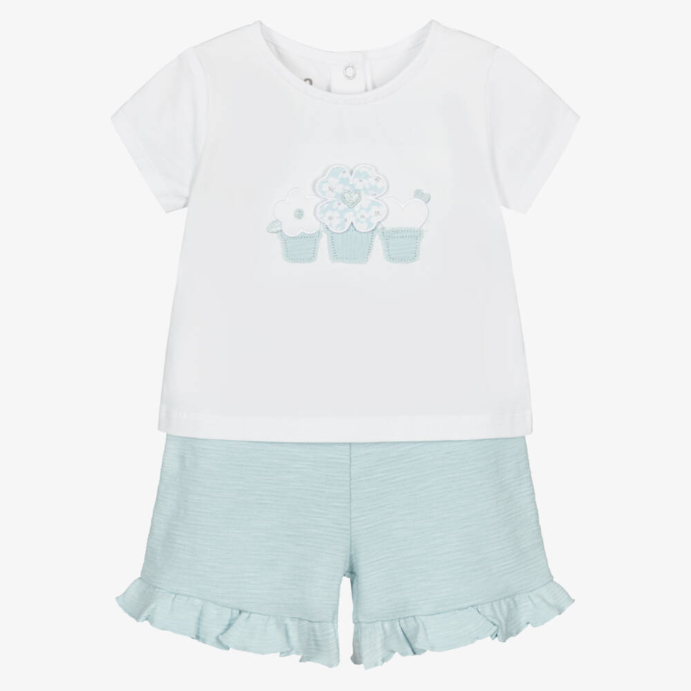 iDO-Baby Girls Pale Blue Floral Cotton Shorts Set | Childrensalon Outlet