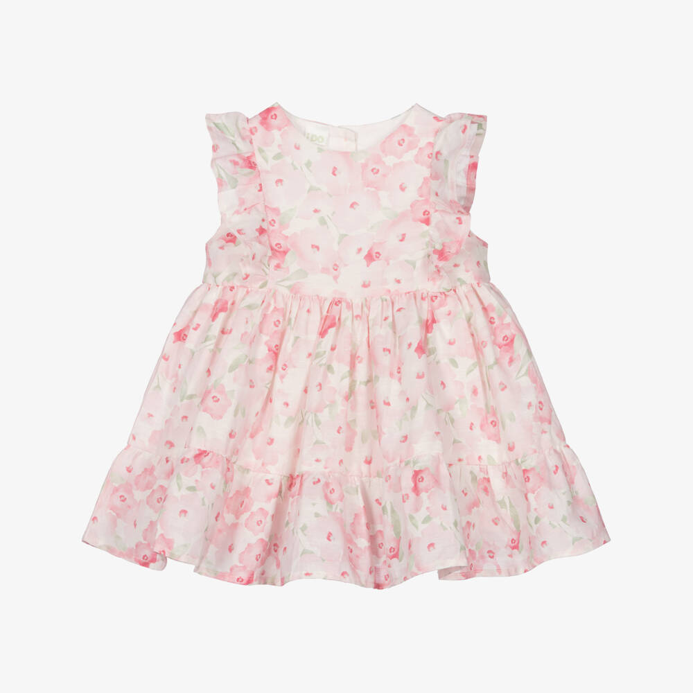 iDO-Baby Girls Pink Linen & Cotton Floral Print Dress | Childrensalon Outlet