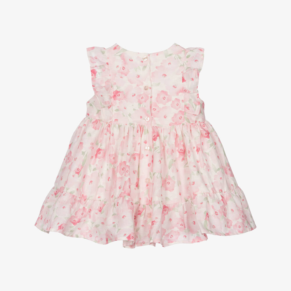 iDO-Baby Girls Pink Linen & Cotton Floral Print Dress | Childrensalon Outlet