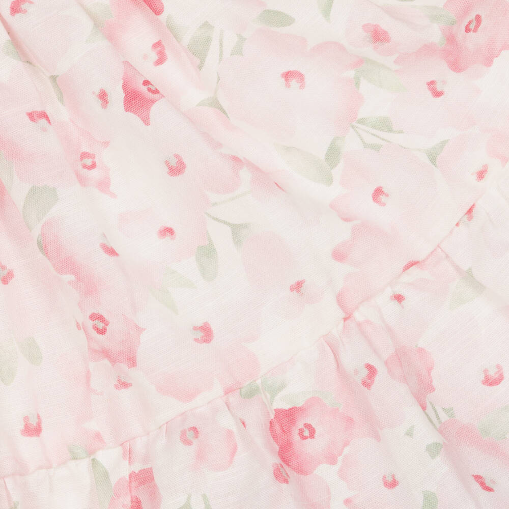 iDO-Baby Girls Pink Linen & Cotton Floral Print Dress | Childrensalon Outlet