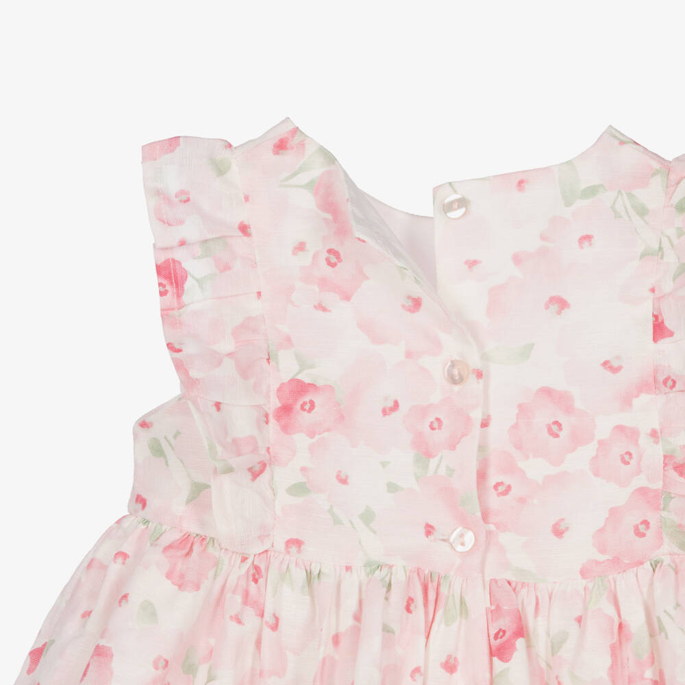 iDO-Baby Girls Pink Linen & Cotton Floral Print Dress | Childrensalon Outlet